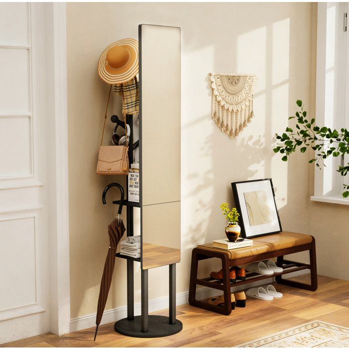 Miroir en pied avec porte-manteau et rangement pivotant 360° noir 40 x 40 x 174 cm