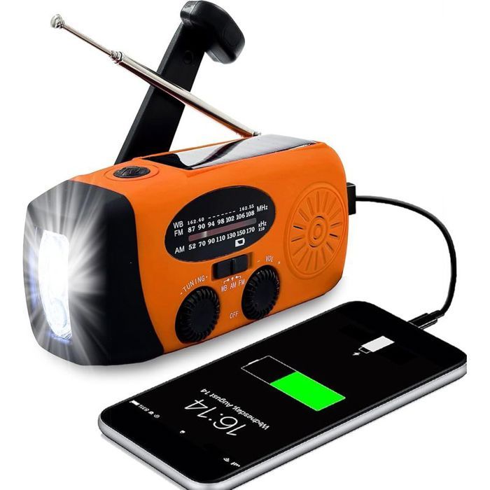 Radio durgence manivelle - 3 lampes torches LED Batterie 2000 mAh - Situations durgence - Orange
