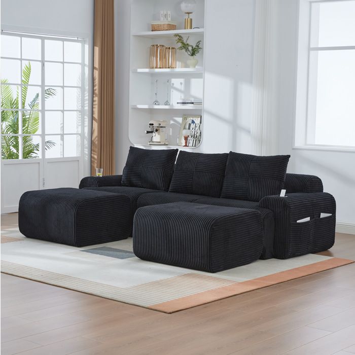 Canapé modulable 3 places en velours côtelé noir avec 2 poufs porte-gobelet et poche de rangement