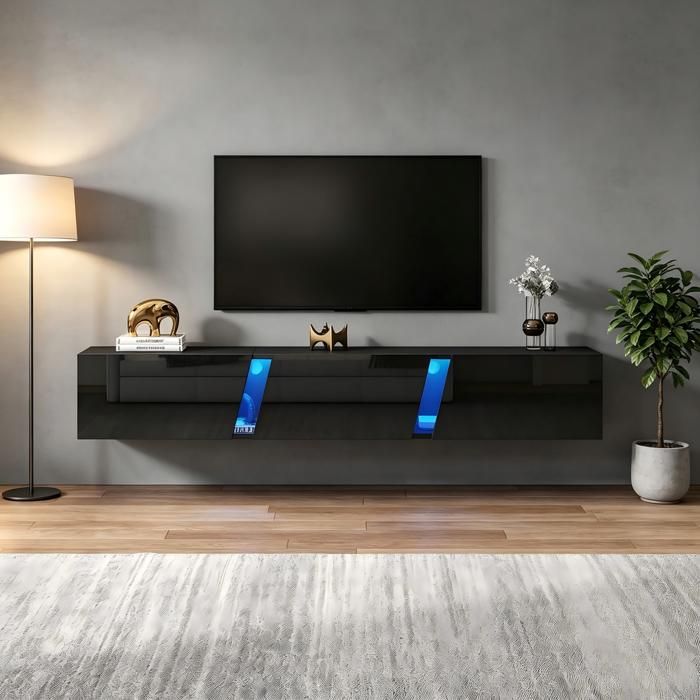 CollaHausse Meuble TV mural LED haut brillant 180x35x30cm 3 portes adapté 75 pouces noir.