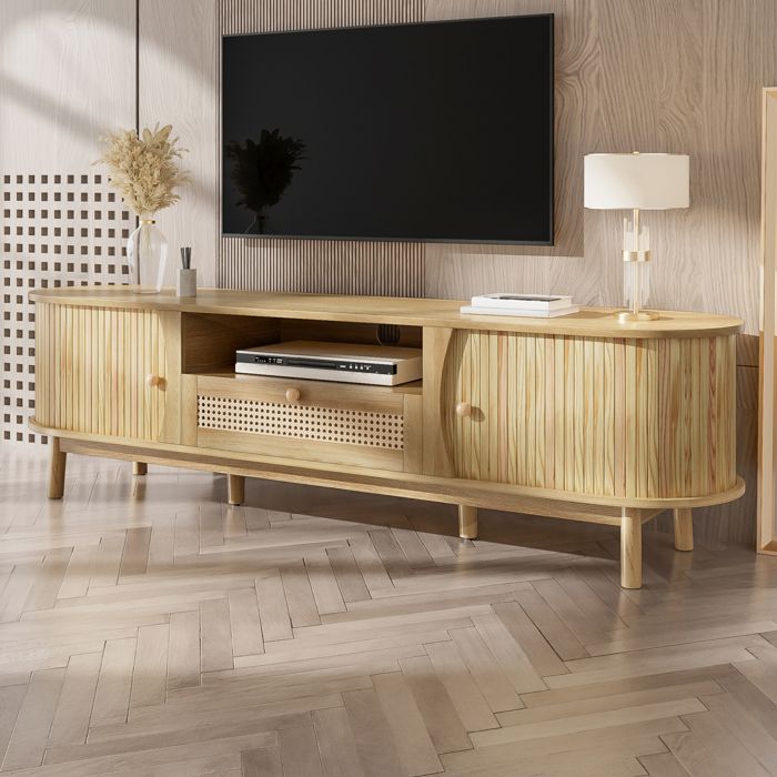 JOINERY meuble TV meuble rangement portes tiroir 165 x 37 x 46 cm MDF naturel rotin pieds en bois massif style campagne