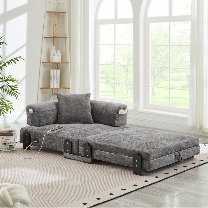 Canapé Convertible 1 Place 2 en 1 avec USB Type-C Rangement et Coussin en Tissu Gris Foncé 170 5 × 84 × 48 cm