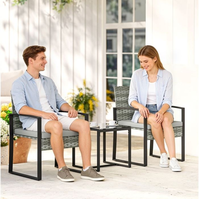 Salon De Jardin 2 Personnes Gris Bistrot Exterieur FloraGrace Pour Balcon Ou Terrasse Coussins Amovibles 55x58x76cm