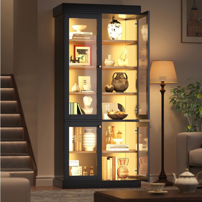 Vitrine Haute En MDF Noir Buffet Haut Moderne FloraGrace Pour Salon Ou Chambre LED Integree Et Anti-Basculement 80x40x180cm