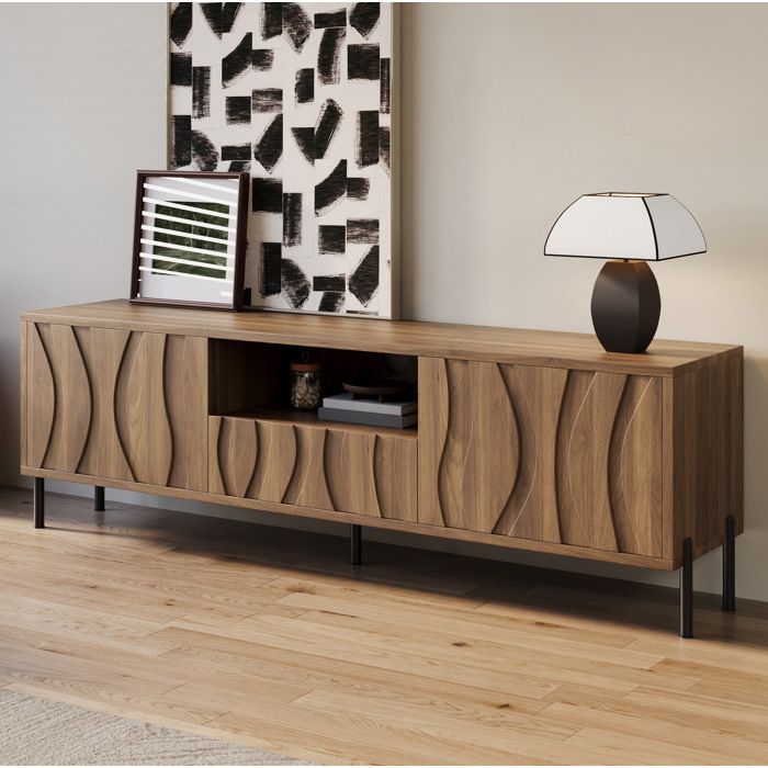Meuble TV AESVAR 160 cm 3 portes avec niche ouverte et passe-câbles MDF coloris naturel