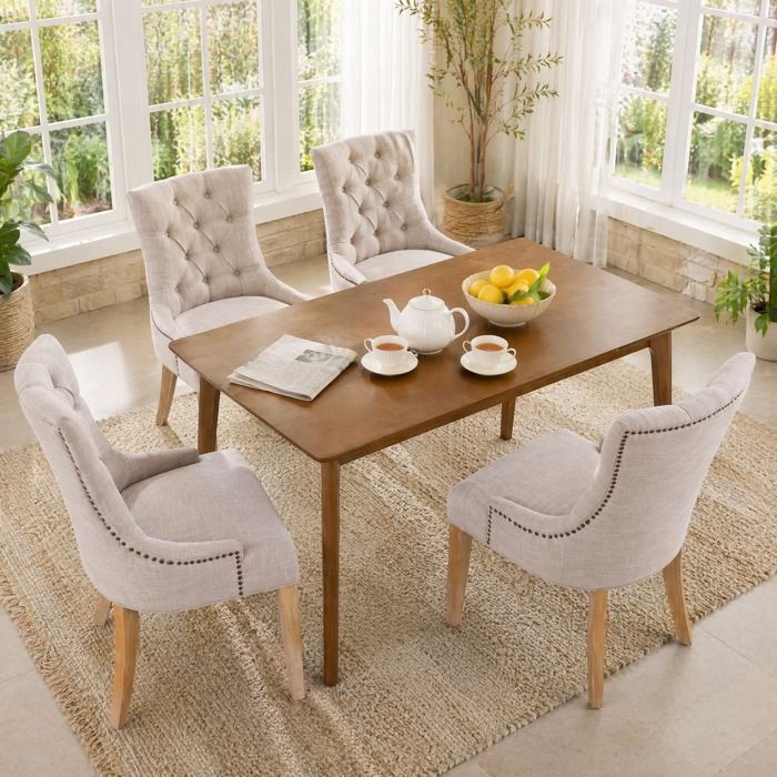 Chaise de salle à manger rembourrée en tissu beige lot de 2 avec accoudoirs dossier haut et pieds en bois JOINERY