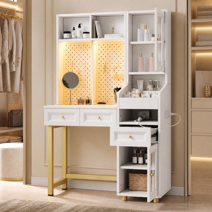 MEULVA Coiffeuse-bureau 2-en-1 avec LED panneau perforé 5 crochets 3 tiroirs vitrine en verre blanc et doré