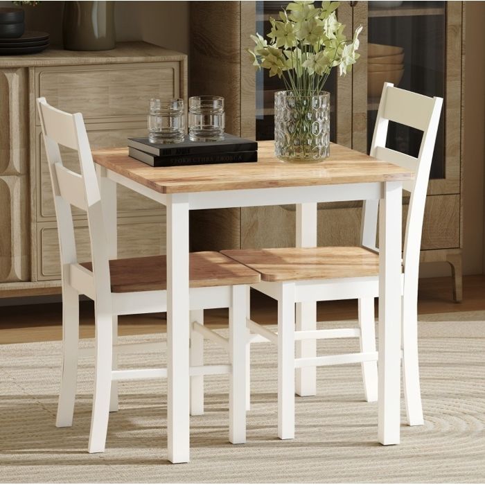 Table de cuisine carrée AESVAR 69 x 69 x 75 cm 2 à 4 personnes bois dhévéa aspect chêne et blanc