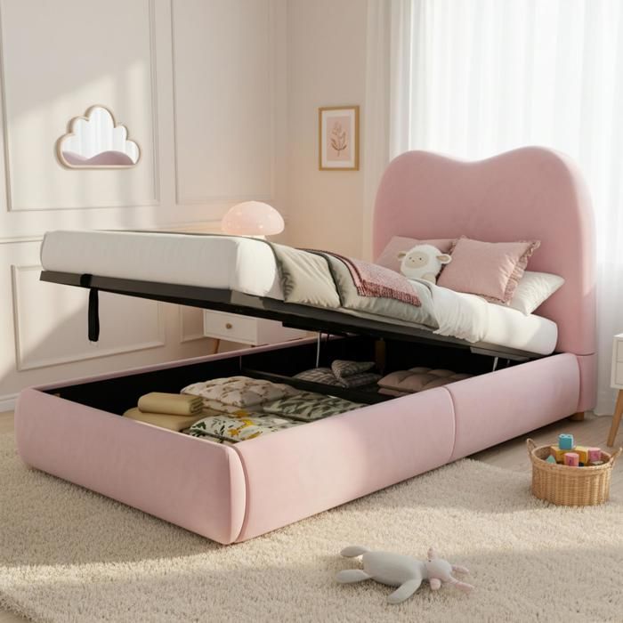 Lit coffre enfant 90x200 avec grand espace de stockage sous le matelas et ouverture facile par vérin hydraulique