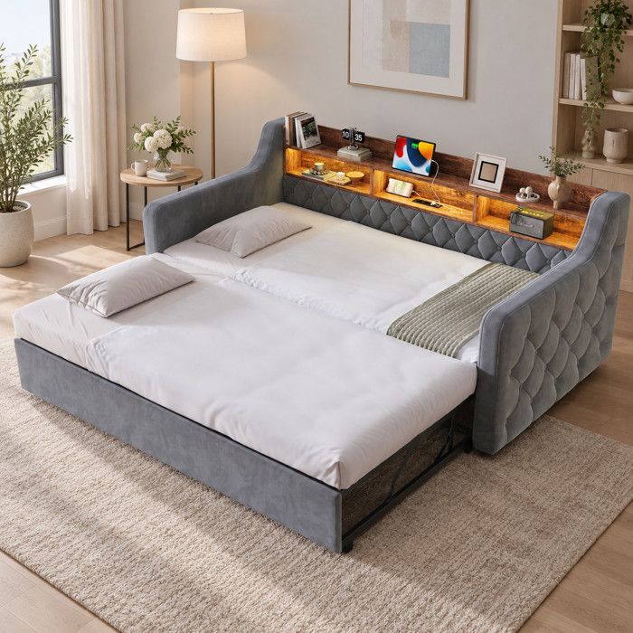 Lit banquette gigogne 90 x 190 cm en velours avec accoudoirs tête de lit rangement LED USB/USB-C sommier à lattes Gris foncé