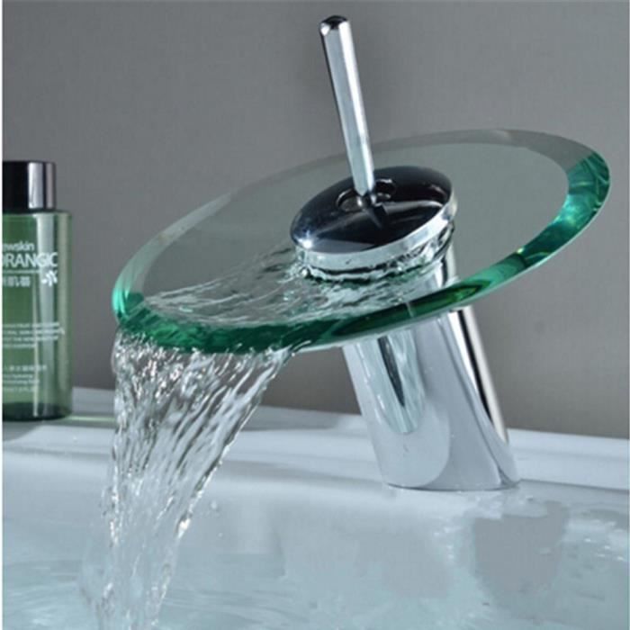 Mitigeur de lavabo cascade évier salle de bain faucet laiton chromé design verre