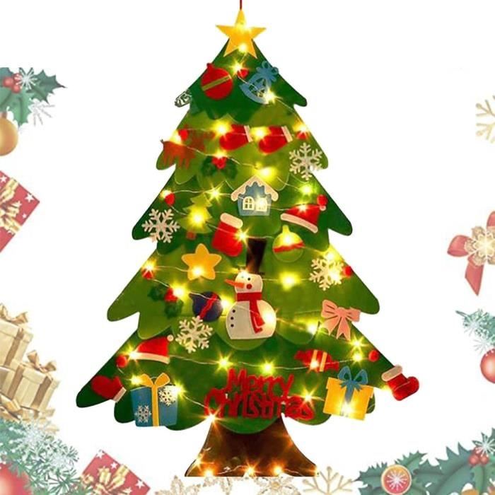 Sapin De Noël En Feutrine DIY à Décorer - 98x70 Cm Avec 21 Ornements Détachables Et Guirlande LED - Activité Montessori Pour Enfants