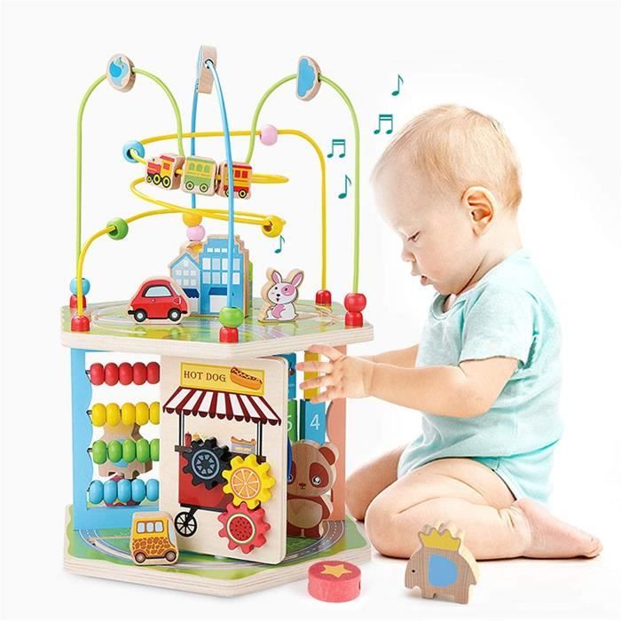Cube D'Activité Bébé 7 En 1 - Jouet Éveil Montessori 1 2 3 Ans - Labyrinthe Horloge Bois