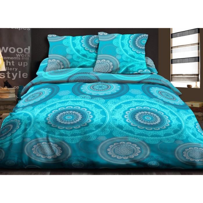 Maxi housse de couette bicolore 240X260 100/% coton 57 fils Turquoise//Taupe