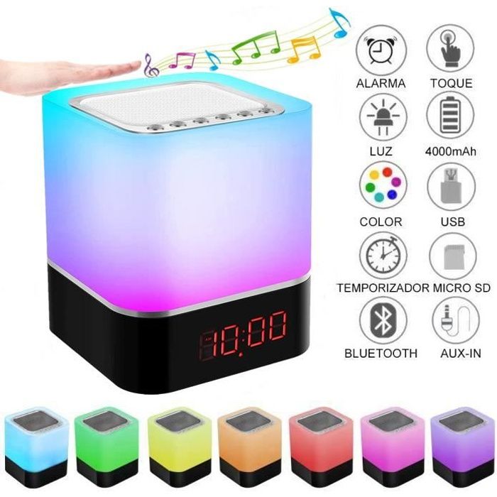 Enceinte Bluetooth Haut-parleur Portable sans-fil Lumières LED changement RVB Lampe de chevet chambre Réveil enfants adultes