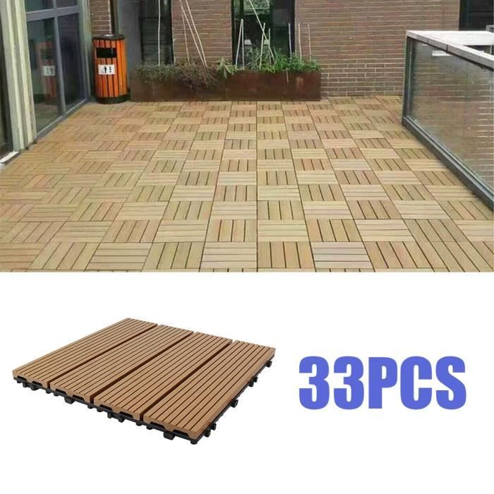Lot de 33 dalles en bois d'acacia pour balcon - Composite bois plastique PE - 30 x 30 cm - Marron