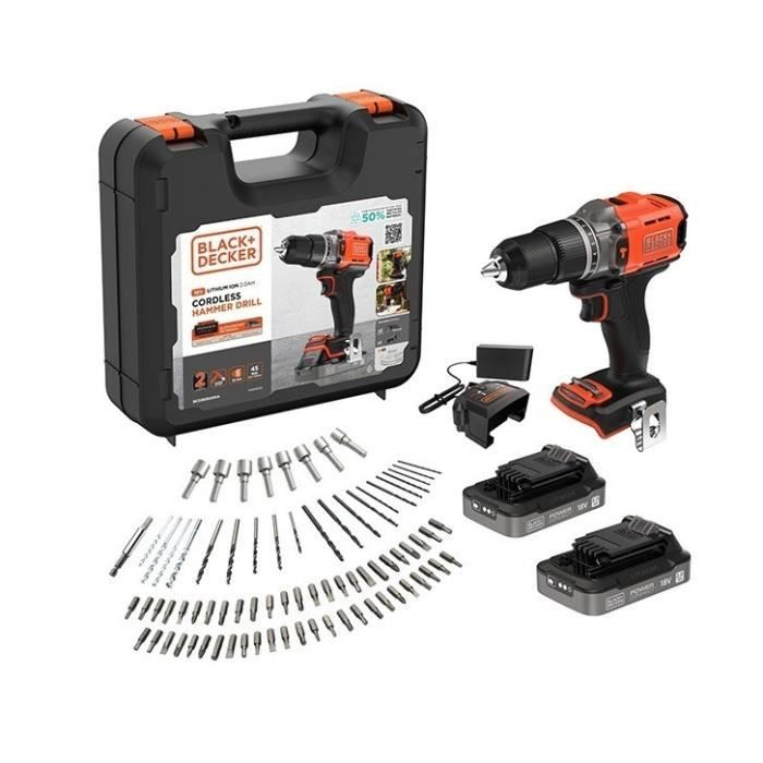 Perceuse à percussion sans fil BLACK+DECKER - BCD383D2XKA-QW - 18V - 2 batteries 2.0Ah - Mallette de 80pcs