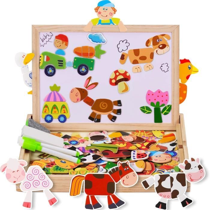 COOLJOY Puzzle Magnétique En Bois – Double Face Tableau – 100 Cartes Animaux/plantes – Crayons – Dès 2 Ans