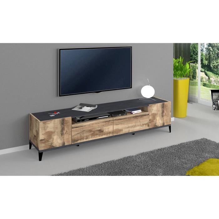 Dmora Meuble TV de salon Made in Italy meuble TV avec 2 portes et 2 tiroirs Cm 200x40h47 Ardoise et Érable