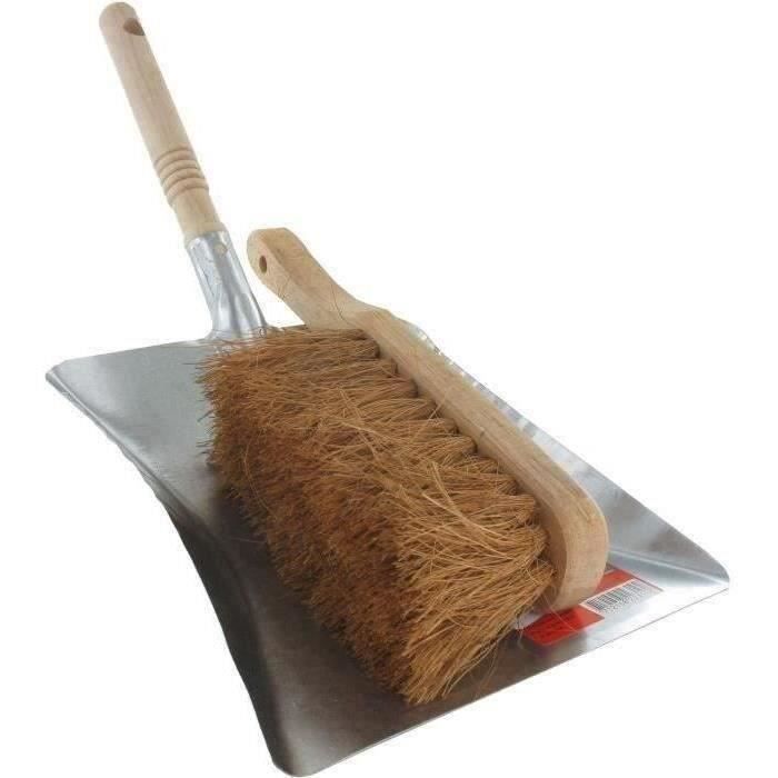 Ensemble de pelle à poussière et brosse en métal avec manche en bois et poils de coco