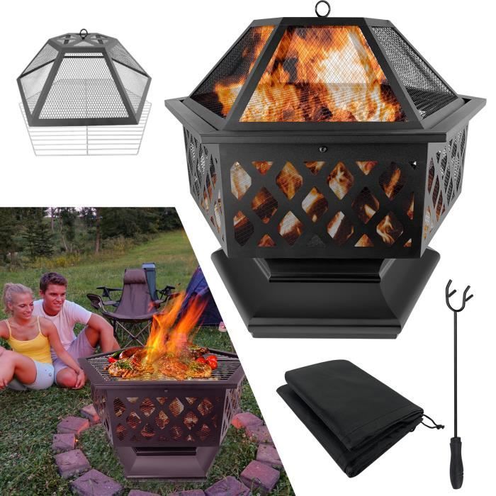 Brasero De Jardin En Acier Avec Plancha Ø75 Cm Et Grille BBQ - Foyer à Bois, Plan De Travail, Roues - 10