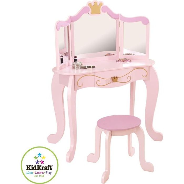 KidKraft - Coiffeuse Princess pour enfant en bois avec miroir et tabouret - Rose
