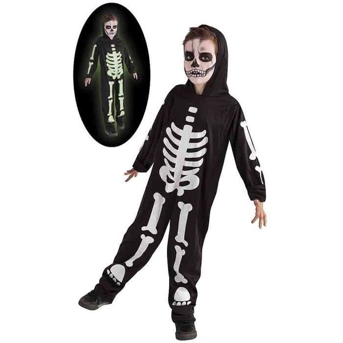 Costume Squelette Enfant Phosphorescent - Combinaison + Capuche + Gants, 4 Tailles - 14