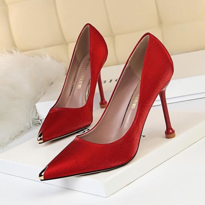 Mode Banquet Femmes Chaussures Talon Aiguille Satin Bouche Peu Profonde Metal Pointu Sexy Chaussures Simples Rouge Achat Vente Mode Banquet Femmes Pas Cher Cdiscount