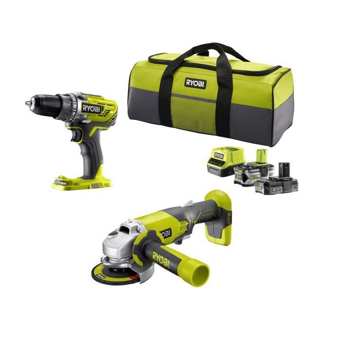 RYOBI Combo 2 outils ONE+ : Perceuse visseuse Meuleuse dangle 115mm + 2 batteries 5 & 2 Ah chargeur & sac R18DDAG