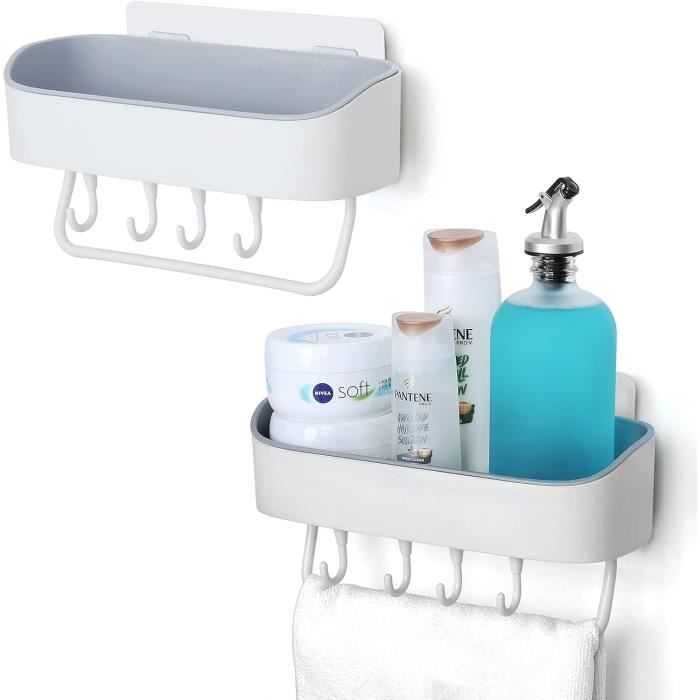 KeZaara Étagère Douche Sans Percage Blanc - Support Savon + 2 Crochets + Plateau