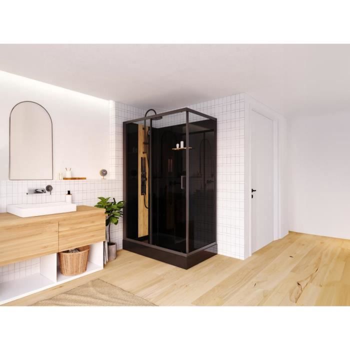 Cabine de douche hydromassante rectangulaire avec bambou - Installation réversible - Noir mat - L120 x l80 x H225 cm - VITUNA