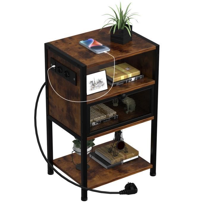 Table de chevet industrielle VIVOLIL avec prise et 1 tiroir - L 40 x P 30 x H 65 cm