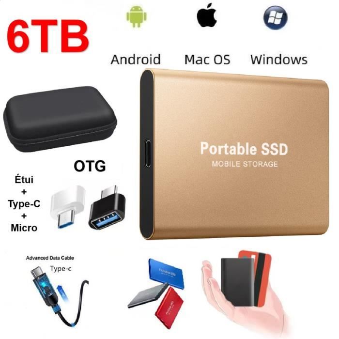 Disque Dur Externe Mini SSD Portable 6TB 6To Stockage Or avec OTG + Étui Housse Sac de Protection