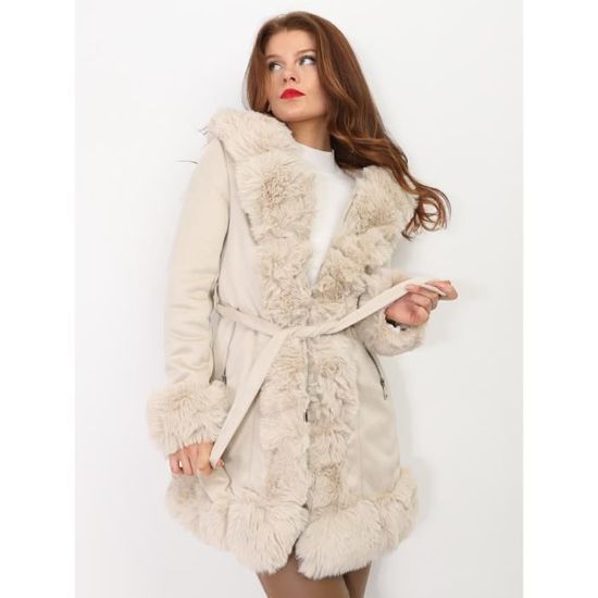Manteau Marque inconnue Suedine ceinture fourrure synthetique Beige Beige Cdiscount Pret a Porter