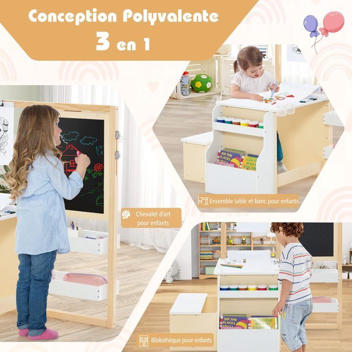 3 en 1 Tableau Enfant Double Face en Bois avec Rouleau de Papier & 60