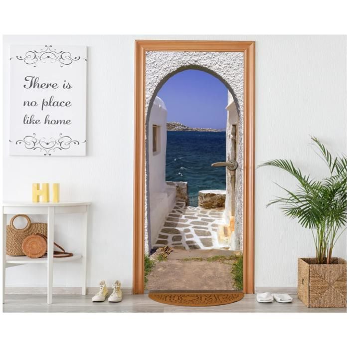 PORTE PHOTO Stickers Porte Vue Sur La Mer Poster Porte Trompe L'oeil, Effect 3D Paysage de La Grèce Autocollant, Auto-Adhésif Mural - Maison