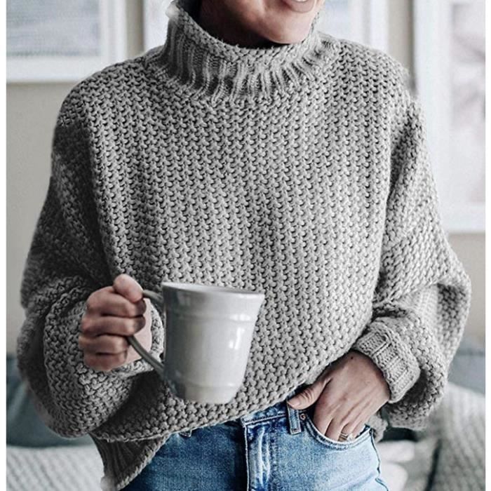 Pull Court uni femme hiver maille Gris D contract e Col montant large pas cher manches longues Sweat Blouse Veste Blouson printemps