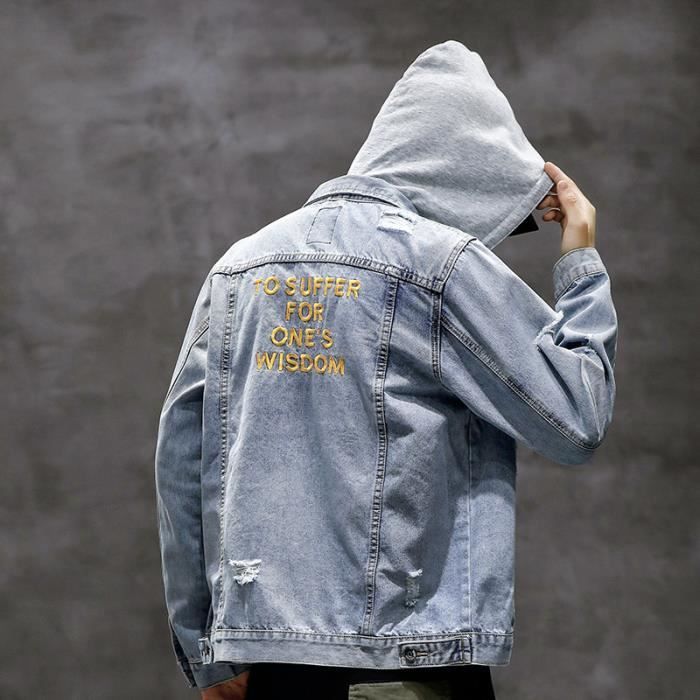 Veste en Jean Homme Dechire avec Capuche Manches Longues Motif Brode Bleu clair Bleu clair Cdiscount Pret a Porter