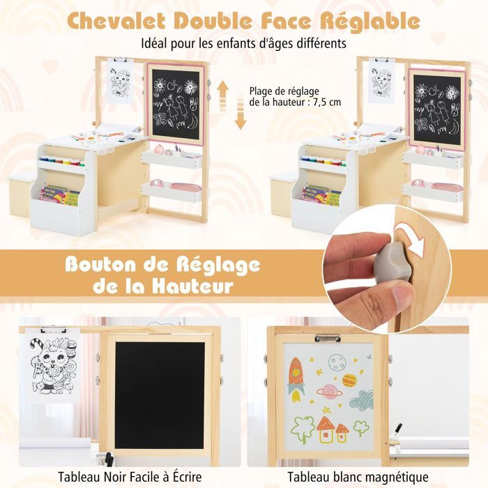 Chevalet 2 En 1 En Bois Pour Enfants – Tableau Magnétique Et Tableau Noir – Hauteur Réglable – Dès 3 Ans – Ejoyous – 65 X 35 X 31 Cm