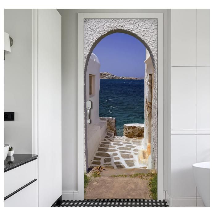 Stickers Porte 3D Vue Sur La Mer - Poster Trompe-l'oeil Grèce, Autocollant Mural 95x215 Cm Sticker Porte