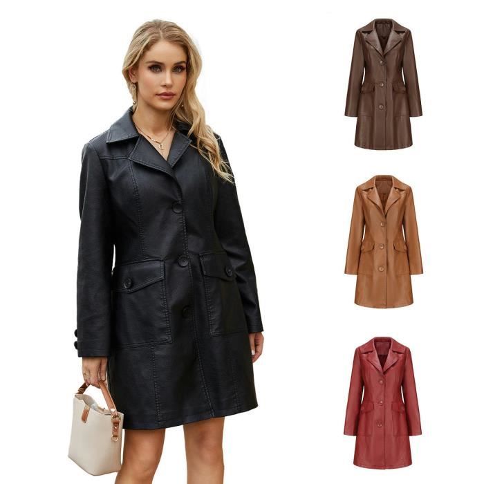 FULBHPRINT Trench-Coat Long En Cuir PU Noir Pour Femmes, Ceinture À Double Boutonnage, Cool, Beaux Vêtements D'extérieur Européens, Printemps Automne FULBHPRINT Trench-Coat Long En Cuir PU Noir Pour Femmes, Ceinture À Double Boutonnage, Cool, Beaux Vêtements D'extérieur Européens, Printemps Automne
