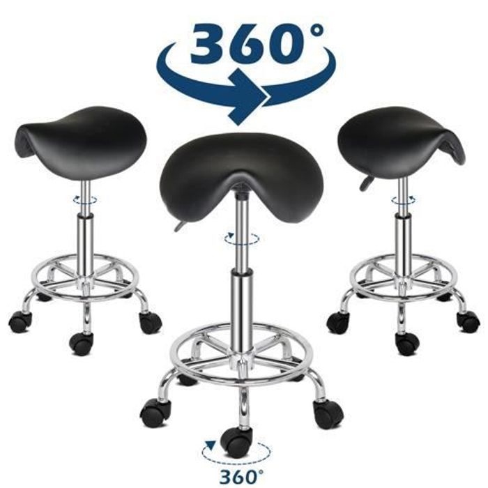 Tabouret Roulant Ergonomique Avec Dossier - Hauteur Réglable 43-55 Cm, Assise Rembourrée - Pour Salon De Manucure, Bureau