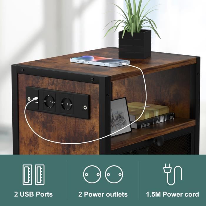 Table De Chevet Avec Lumières LED Et Prises USB - Tiroir En Tissu, Structure Métallique, Noire