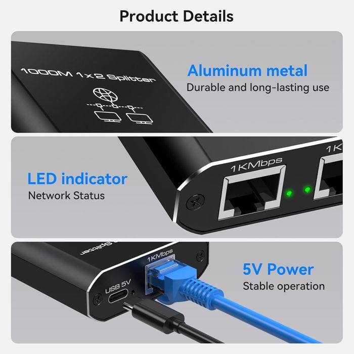 Commutateur Ethernet 2 Ports 1000 Mbps – Splitter Réseau RJ45, Plug-and-play, Boîtier Aluminium, Pour PC, TV, Console
