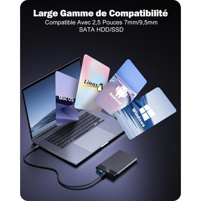 Boîtier Disque Dur Externe USB-C 3.1 Gen 2 – Pour SSD/HDD 2.5" SATA Jusqu'à 4 To – Sans Outil, Compatible UASP/TRIM – Inclus Câble USB-C - 5