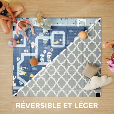 Tapis De Jeu Bébé Pliable Réversible 194x176,5 Cm - Mousse XPE 1,5 Cm Antidérapante, Motif Alphabet Et Nuage