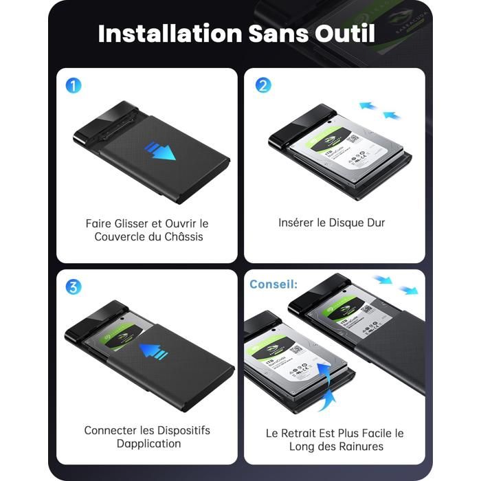 Boîtier Disque Dur Externe USB-C 3.1 Gen 2 – Pour SSD/HDD 2.5" SATA Jusqu'à 4 To – Sans Outil, Compatible UASP/TRIM – Inclus Câble USB-C - 4