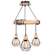 SNOGOLD Lustre Industriel en Bois Vintage à 3 Lampes en Métal Cage Design, E27 Éclairage Suspension Réglable pour Salon Cuisine