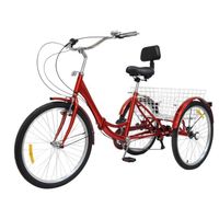 Tricycle rouge 24 pouces 7 vitesses pliant 3 roues vélo tricycle pour adultes + panier
