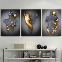Lot de 3 posters d'art modernes - 3D gris doré - Statue en métal - Amour - Cœur câlins, baisers-Décoration murale-Sans cadre